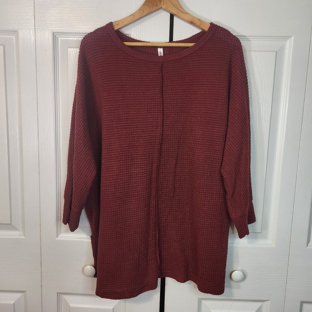 Dokotoo Burgundy Waffle Knit Oversized Pullover Thermal Crew Neck Large Gorpcore